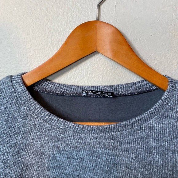 Zara Gray Cotton Blend Crew Neck Cropped Sweater Size L Minimalist Casual - Picture 7 of 13